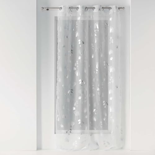 Douceur d'Intérieur, Voilage à Oeillets (140 x 240 cm) Bloomy Blanc/Argent, Voile Métallisé
