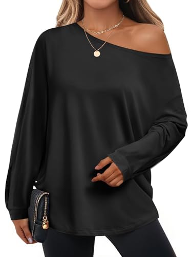 Cicy Bell Womens Oversized Off The Shoulder Tops Fall Casual Lantern Long Sleeve T Shirts Trendy Loose Fit Tunics