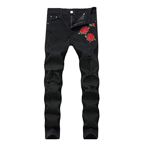 Leward Men's Skinny Slim Fit Ripped Stretch Distressed Stretch Destroyed Jeans Pants (US, Numeric, 34, Regular, Regular, Black)
