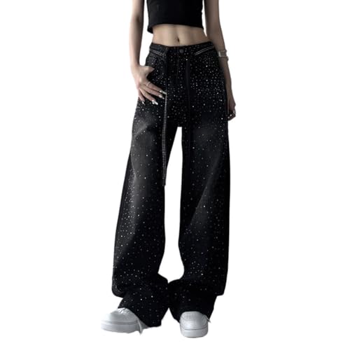 LAFOURAM Petite Jeans for Women 5 FT Short Wide Leg Baggy Rhinestone Bling Bedazzled Denim Pants2