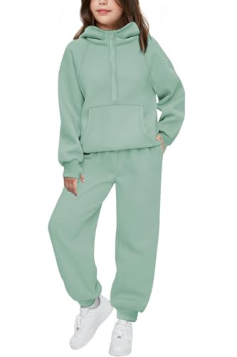 Image of Arshiner Girls 2 Piece Outfits Sweatsuit Half Zip Sweatshirt and Sweatpants | Fall Winter, Drop Shoulder Long Sleeve, Thumbhole Hoodies, with Sweatpant, Jogger Set, Sweat Set, Tracksuits with Pockets