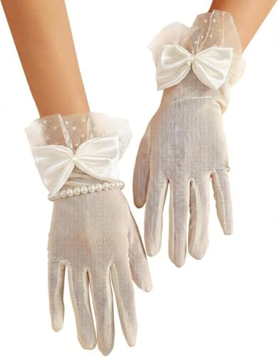 Ivory Lace Mesh Gloves with Pearl Bracelet Set - Vintage Satin Big Bowknot Polka Dot Short Wrist Gloves for Wedding Tea Party Horse Race Party Bride & 1920s Costume