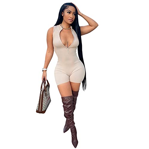 Gemeiq Jumpsuits For Women Sexy V-Neck Sleeveless Ribbed Bodycon Bodysuit Party Club Short Rompers Cute Outfits With Zipper #TOP9