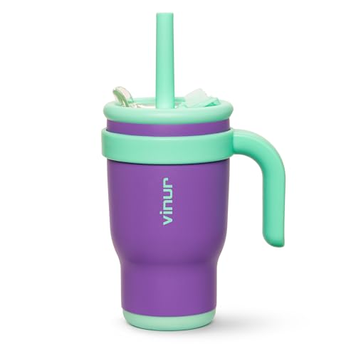 VINUR Kids Tumbler with Handle 14 oz Stainless Steel Double Wall Vacuum Tumbler Travel Water Cup with Lid and Straw(Purple)