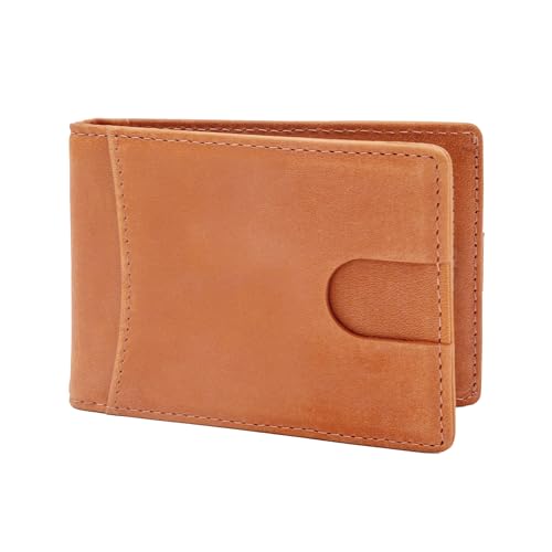 RFID Blocking Slim Bifold Genuine Leather Minimalist Wallet for Men with Money Clip Pull Strap Easy Card Pullout (Minimalist Bifold Wallet without Personalization, Sonoran Desert)