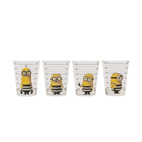 Silver Buffalo Minions Despicable Me Mug Shot Featuring Bob, Stuart, Tim, and Dave 4 Pack Mini Glass Set, 1.5 Ounces