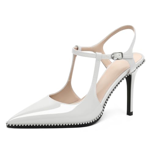 Image of SAMMITOP Womens High Heels Ankle Strap Pointed Toe Stilettos Patent Leather Beaded Pumps Dress Shoes 3.5 Inch