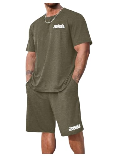 Men's Big and Tall Two Piece Tracksuit Letter Print Short Sleeve T Shirt Track Shorts Set