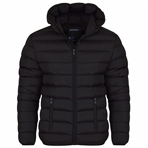 Spindle Mens Plain Black Hooded Padded Quilted Puffer Jacket Winter Coat 2 Zip Pockets Black With Zips L