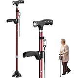 ステッキ 杖 倒れない 自立式4点杖 男女兼用 クレバーケーン伸縮式 軽量アルミ製 長さ調節可能 補助ハンドル付き 介護用 歩行補助杖 LEDライト搭載 夜間散歩対応 日本語説明書付き 高齢者の歩行サポート 松葉杖 敬老の日・母の日・父の日プレゼント 日本語説明書付き レッド