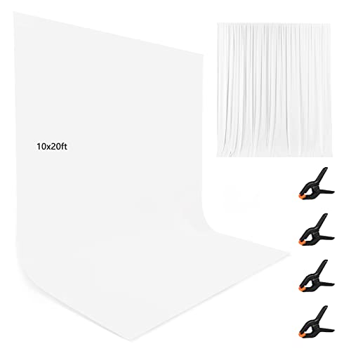 10X20ft White Photo Backdrops for Photography, LCUIRC TWO ROD POCKET White Backdrops Curtain for Parties, Polyester White background with 4 Clamps for Product Protrait Photoshoot or Parties Decoration