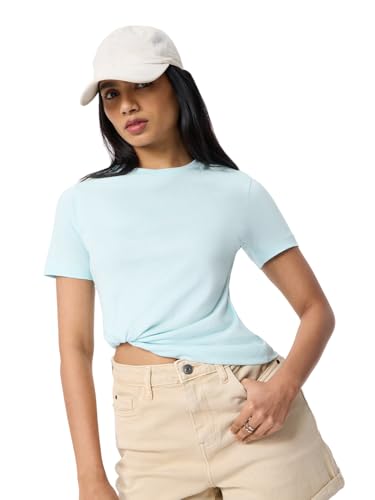 Image of The Souled Store Casual Classics: Women and Girls Short Sleeves Spread Collar Solid Cotton Regular Fit Breathable Lightweight Trendy Everyday T-Shirt