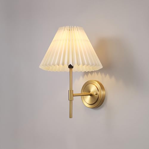 Image of GLOBE Electric 1-Light Wall Sconce, Matte Brass, White Pleated Fabric Shade, E12 Base Socket, Candelabra Bulb, Living Room Lighting, Home Essentials, Decor, Bedroom, Mounted Bedside Lamp