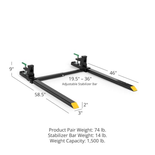 Image of Titan Attachments Light-Duty 60 inch Clamp-On Pallet Forks with Adjustable Stabilizer Bar, 46 inch x 3 inch Fork Length, Rated 2000 LB, Easy to Install on Loader or Skid Steer Bucket