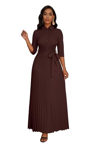 Image of Runwind Maxi Dresses for Women, 3 /4 Sleeve Botton Down Pleated Long Dress with Belt Casual Church Dress with Pockets