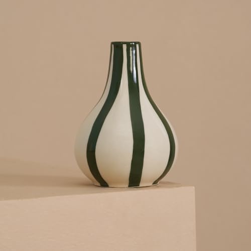 Image of PUREZENTO Green & White Striped 'Tulip Bud' Ceramic Vase 6 Inch (Pack of 1) | Unique Modern Bud Vase for Dried Flowers & Pampas Grass | Vases for Modern Home Decor, Living Room & Office Decor Ideas