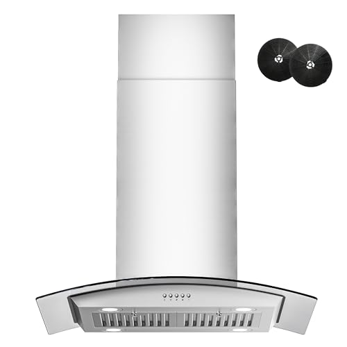 FIREGAS Island Range Hood 30 inch with 700 CFM, Ceiling Mount Kitchen Vent Hood Ducted/Ductless Convertible, Stainless steel stove hood with 3 speed fan, 4 lights, Tempered Glasss, Charcoal Filters