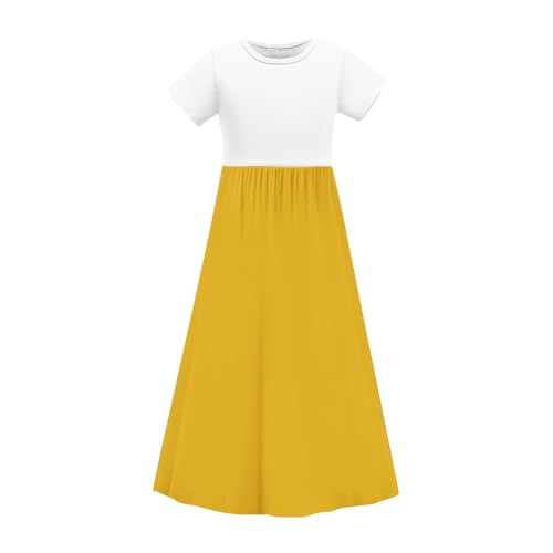 4-14T Girls Maxi Dresses Summer Fashion Solid Color & Color Block Short Sleeves Comfy A-Line Beach Casual Sundress4
