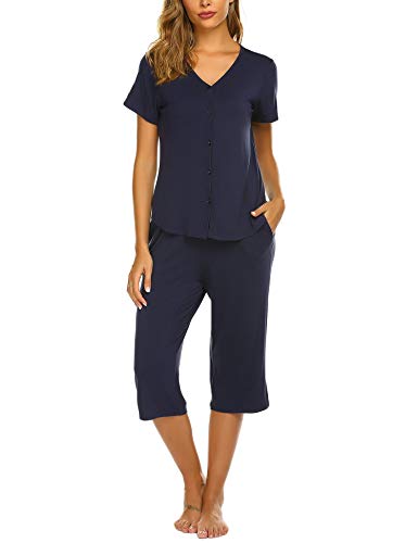 Ekouaer Pajamas Set Short Sleeve Sleepwear Womens Button Down Nightwear Soft Pj Lounge Sets(Navy Blue,Large)