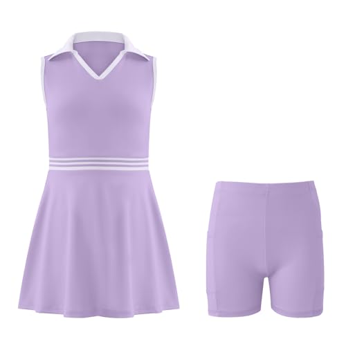 Image of Girls Tennis Dress Golf Outfit Sleeveless Athletic Dresses Polo V Neck Sport Skirt with Pockets 4-13Y