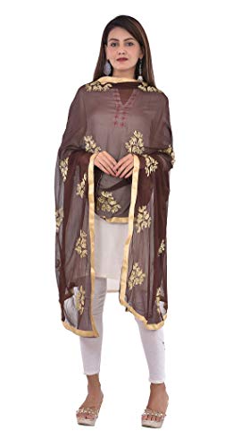 Image of Youthquake Golden Embroidered Work Chiffon Dupatta For Womens & Girls With 4 Side Gold Lace