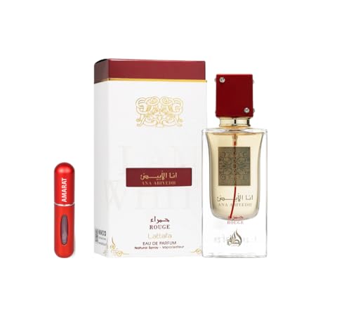 Lattafa Ana Abiyedh Rouge Eau de Parfum 60ml, Perfume Árabe Unisex de Larga Duración, Incluye Atomizador Recargable, Fragancia Oriental con Notas de Caramelo, Ámbar Gris y Pera (Ana Abiyedh Rouge)
