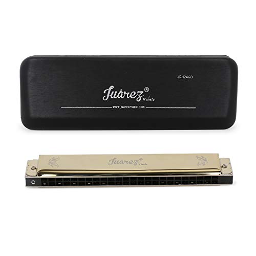 Image of JUAREZ JRH24GD 24 Holes Harmonica Key Of C Scale | Mouth Organ | Cover - Stainless Iron | Comb - Abs | Reed - Phosphor Bronze With Cloth & Case