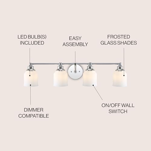 Image of JONATHAN Y 33.25 inch Chrome Modern Farmhouse LED Vanity Light Wall Sconce Fixture, Frosted White Glass Shade, Dimmable Wall Lamp for Bathroom Mirror Kitchen Sink, UL Listed (JYL7552A)