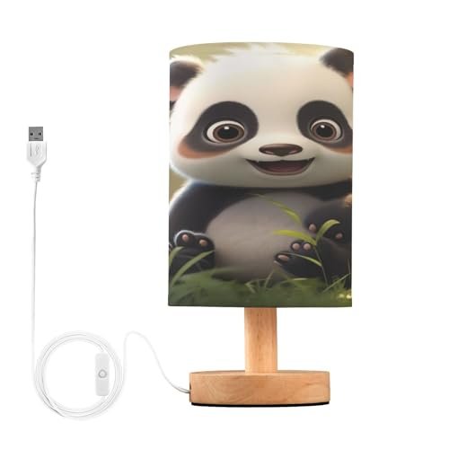 SDMKA Cute Cartoon Panda Bedside Table Lamp for Bedroom, Minimalist Nightstand Lamp with Round Fabric Shade for Living Room, Office, No Bulb Required