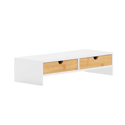 SoBuy Soporte Monitor Escritorio con 2 Cajones Organizadores Elevador Monitor Elevador Pantalla Ordenador Soporte para Monitor y Portátil Blanco y Natural 47x18x11cm BBF02 WN