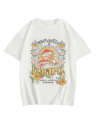 Image of RoseSeek Girl's Graphic Drop Shoulder Star Print Tee Tops Short Sleeve Crew Neck Summer Shirts