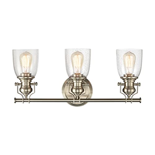Image of Elk Home Chadwick 3-Light Industrial Vanity Wall Sconce - Satin Nickel, Seeded Glass Shade, 12 Inch Wide