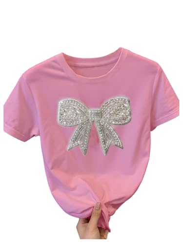 Women's Beaded Sequin Bowknot T Shirt Short Sleeve Crewneck Trendy Tee Top Y2k Tops