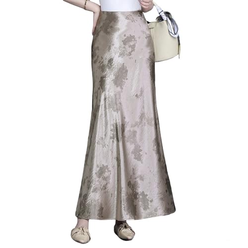 Womens Fishtail Skirt High Waist Satin Hip-Covering Fashion Floral Print Long Flowing Hem Casual Skirt