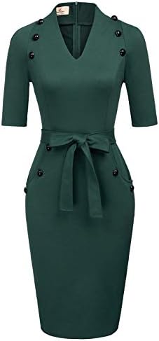 GRACE KARIN Women Vintage Short Sleeve Slim Fit Belted Business Pencil Dress Green