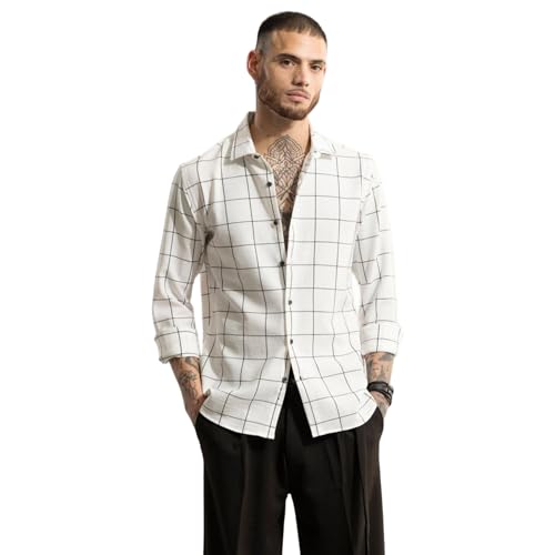 Image of SNITCH Men Cotton Off-White Check Regular Fit Shirt