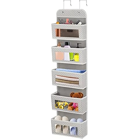 Voency Over Door Hanging Storage Organiser, 5 Pockets Clear Window Hanging Storage Bag, Bedroom Wardrobe Closet Organizers, Door Hanger Organizer for Clothes, Toys, Toiletries, Handbags Cover