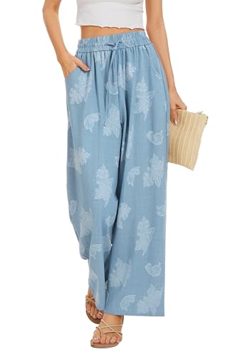Image of KICZOY Women Flowy Pants Drawstring Waist Wide Leg Palazzo Beach Pants Loose Fit with Pockets