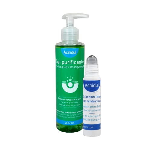 ACNIDUL Pack Gel Purificante Anti-Acné + Roll-On | Regula el sebo y Elimina las impurezas | Acción inmediata contra puntos negros, granos y espinillas | Efecto Antiinflamatorio y Antiséptico