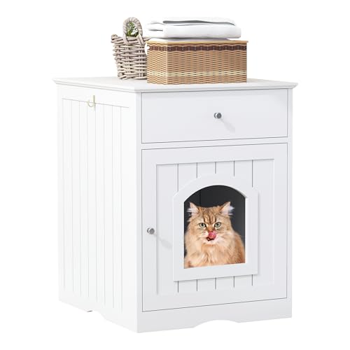 VKTO Cat Litter Box Enclosure-Hidden Decorative Cat Litter Box Furniture, Large Indoor Pet House with Drawer and Side Hook for Bedroom,Living Room,Bathroom(White)
