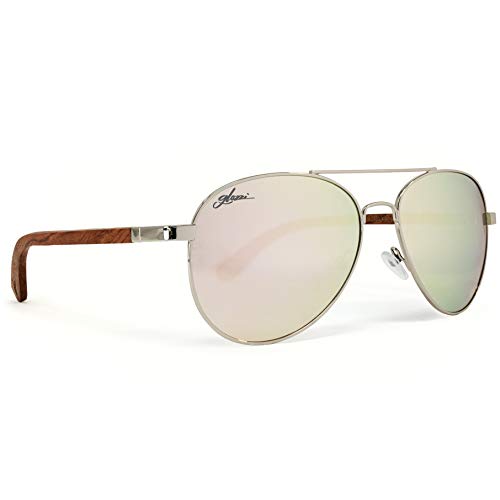 Preisvergleich Produktbild glozzi Holz Pilotenbrille - Sonnenbrille für Herren und Damen Polarisiert mit Holzbügeln - Verspiegelte Brillengläser UV 400 Kategorie 3 - Mit Brillenetui aus Kork - Rosenholz