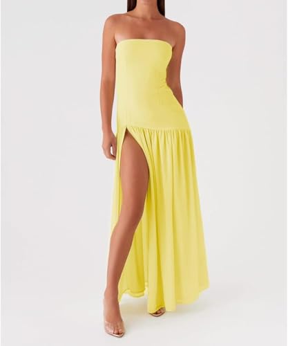 Image of Willow Dance Women Tube Top Dress Printed Mesh Patchwork Maxi Dress Strapless Sexy High Slit Long Dresses Party Clubwear