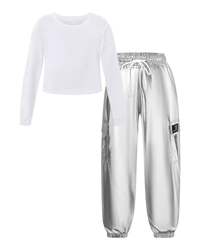 Image of Betusline Girls 2 Piece Summer Outfits,Kids Casual Short Sleeve Crop Top & Cargo Jogger Pants Sets,4T-14Y