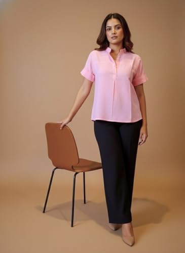 Image of Maaesa Women Solid Rayon Mandarin Neck Regular Fit Top | Short Sleeves | Lightweight & Breathable | Casual Wear & Office Wear
