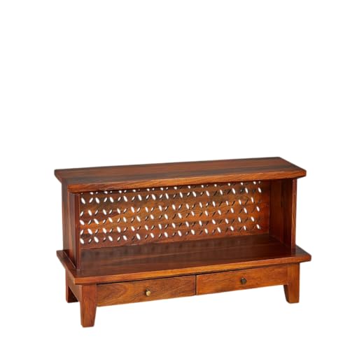 Image of Sheesham Wood Temple for Home | Pooja Mandir for Puja Room with 2 Drawer Storage & Shelf | Pooja Mandap Wood Religious Home Temple Honey Finish
