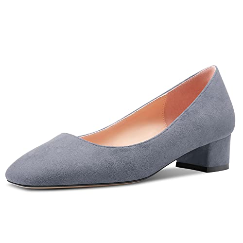 HEUIVZAR Womens Heel Pumps Square Toe Kitten Low Chunky Block Heel Slip On Suede Dress Shoes Bridal Vacation 1.5 Inch