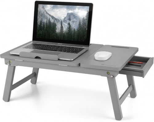 Image of Wooden Laptop Table Standard Adjustable Study Table with Laptop, Portable Lap Desk, Multifunctional Bed Table with Drawer and Folding Legs (Grey)