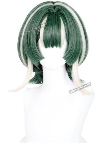 Image of Guita Cosplay Wig Short Dark Green Anime Wig for Women Green and White Layered Wig with Bangs Hime Cut Wigs for Women Halloween Party Costume