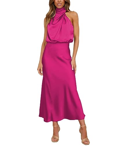 Image of Sexyshine Women's Elegant Halter Tie Neck Sleeveless Satin Long Dress Backless Split Cocktail Party Formal Wedding Maxi Dress