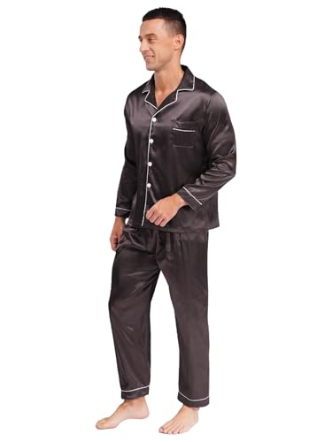 Mens Silk Satin Pajamas Set Long Sleeve Sleepwear Soft Button Down Loungewear Pjs Set4